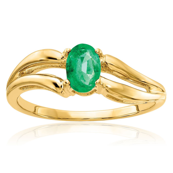 14K Solid Yellow Gold Oval Green Emerald Ring Gemstone Band May Birthstone Jewelry