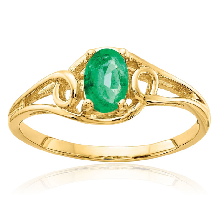 14K Solid Yellow Gold Oval Green Emerald Ring Gemstone Band May Birthstone Jewelry