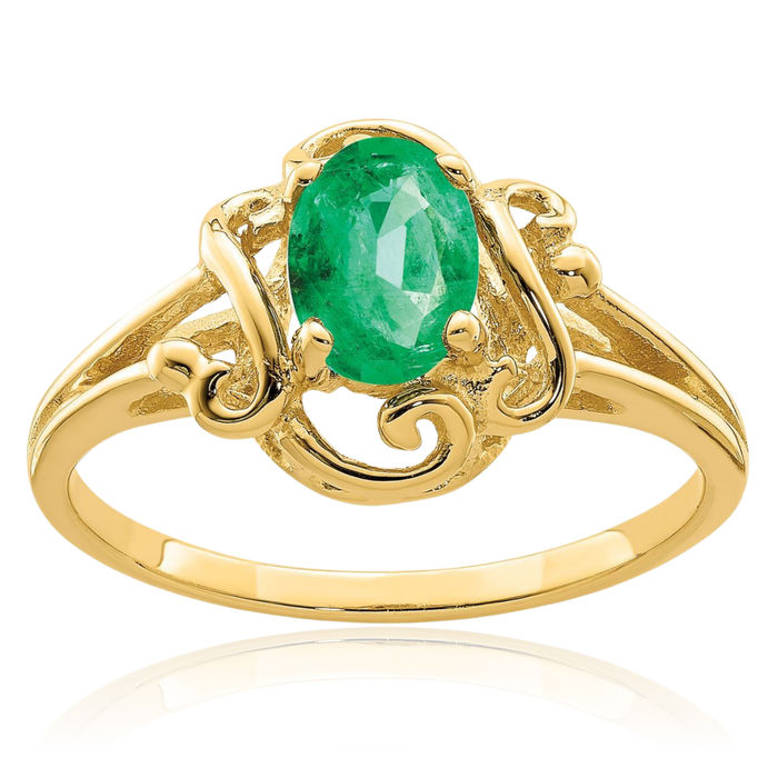 14K Solid Yellow Gold Oval Green Emerald Ring Gemstone Band May Birthstone Jewelry