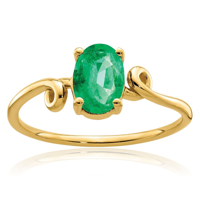 14K Solid Yellow Gold Oval Green Emerald Solitaire Ring Gemstone Band May Birthstone Jewelry