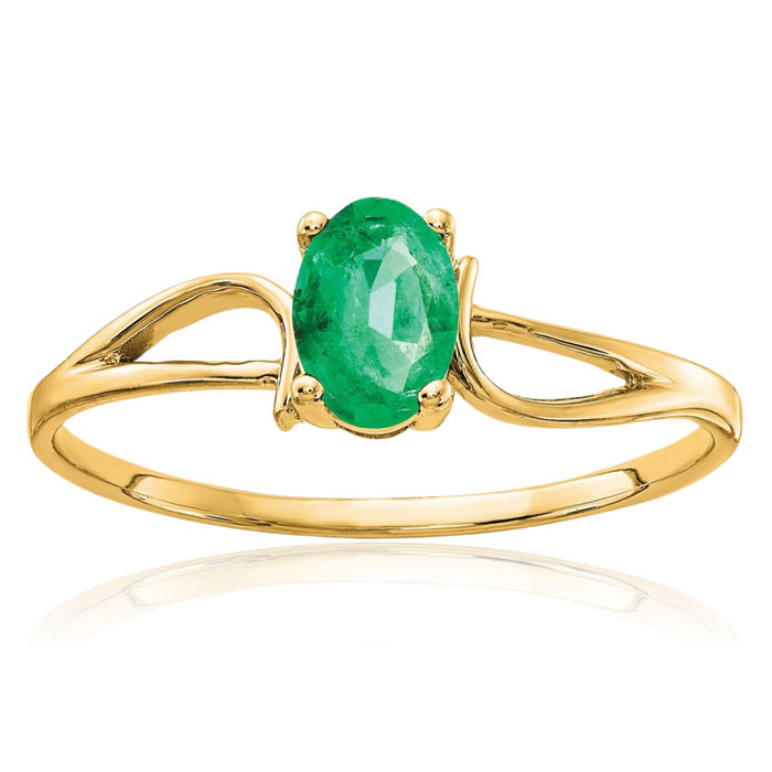 14K Solid Yellow Gold Oval Green Emerald Solitaire Ring Gemstone Band May Birthstone Jewelry