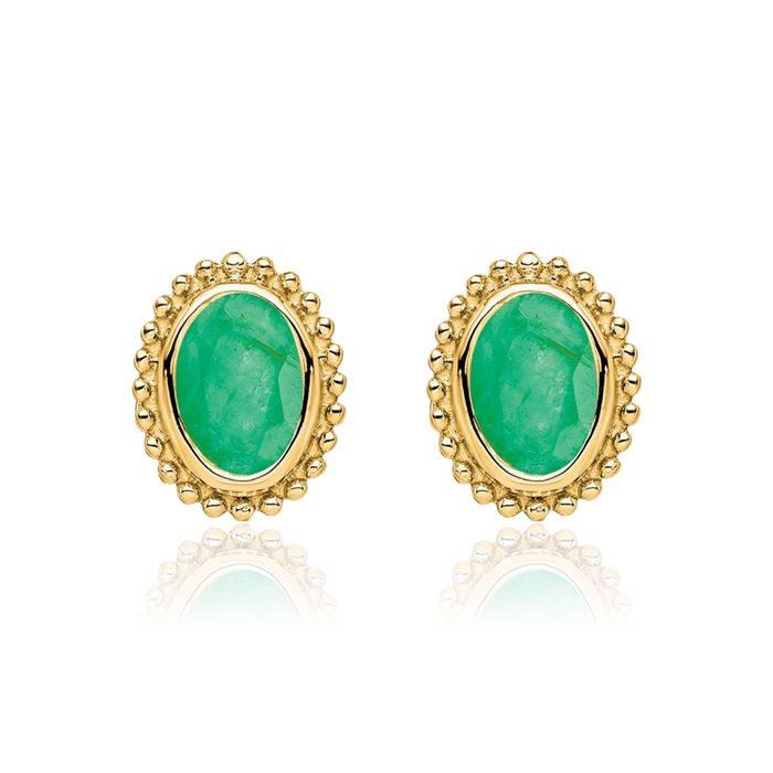 14K Solid Yellow Gold Oval Green Emerald Stud Earrings May Birthstone Jewelry