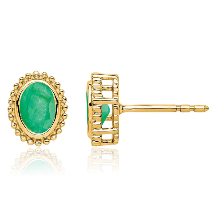 14K Solid Yellow Gold Oval Green Emerald Stud Earrings May Birthstone Jewelry