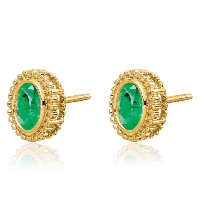 14K Solid Yellow Gold Oval Green Emerald Stud Earrings May Birthstone Jewelry