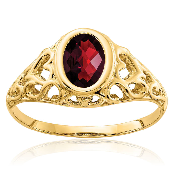 14K Solid Yellow Gold Oval Red Garnet Checker Ring Gemstone Band January Birthstone Jewelry