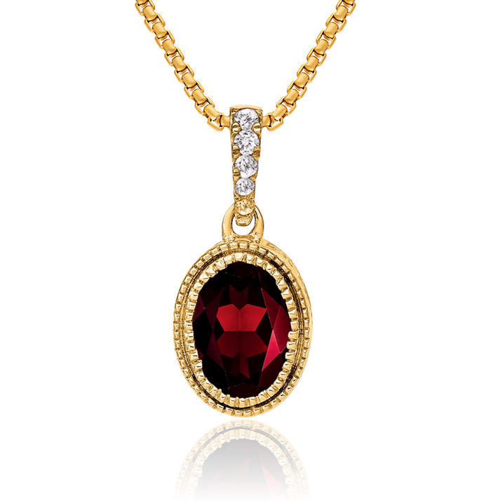 14K Solid Yellow Gold Oval Red Garnet Diamond Necklace Charm Gemstone Pendant