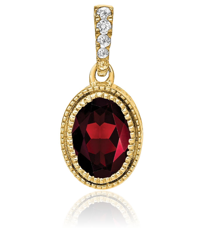 14K Solid Yellow Gold Oval Red Garnet Diamond Necklace Charm Gemstone Pendant