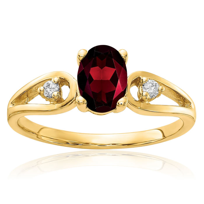 14K Solid Yellow Gold Oval Red Garnet Diamond Ring Gemstone Band January Birthstone Jewelry