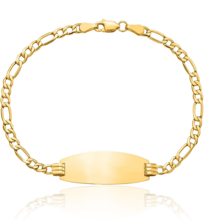 14K Solid Yellow Gold Oval ID Figaro Link Chain Bracelet