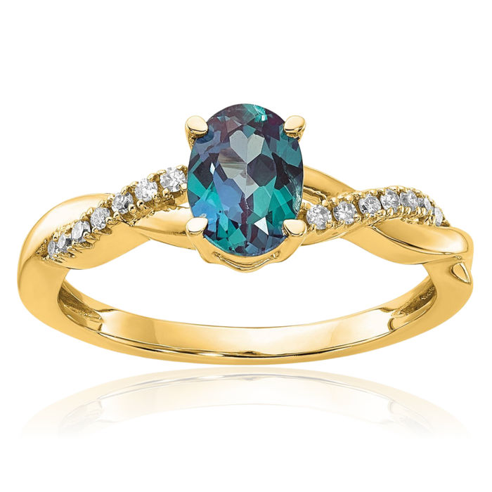 14K Solid Yellow Gold Oval Lab Alexandrite Diamond Ring June Birthstone Jewelry