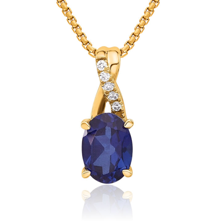 14K Solid Yellow Gold Oval Lab Blue Sapphire Diamond Necklace Gemstone Pendant Charm April September Birthstone Jewelry