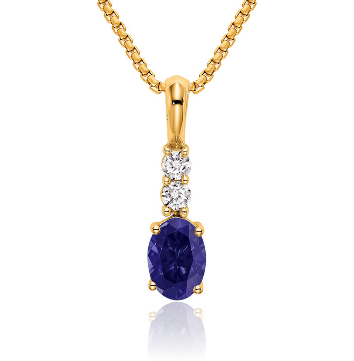 14K Solid Yellow Gold Oval Lab Blue Sapphire Diamond Necklace Gemstone Pendant Charm April September Birthstone Jewelry