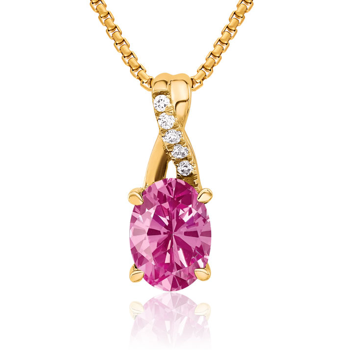 14K Solid Yellow Gold Oval Lab Pink Sapphire Diamond Necklace Gemstone Pendant Charm April October Birthstone Jewelry