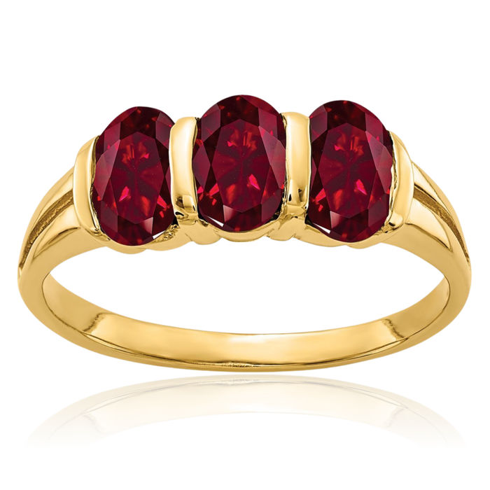 14K Solid Yellow Gold Oval Lab Red Ruby 3-stone Ring July Birthstone Jewelry