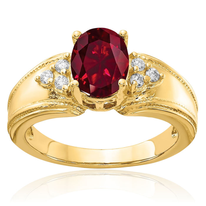 14K Solid Yellow Gold Oval Lab Red Ruby Diamond Ring July Birthstone Jewelry