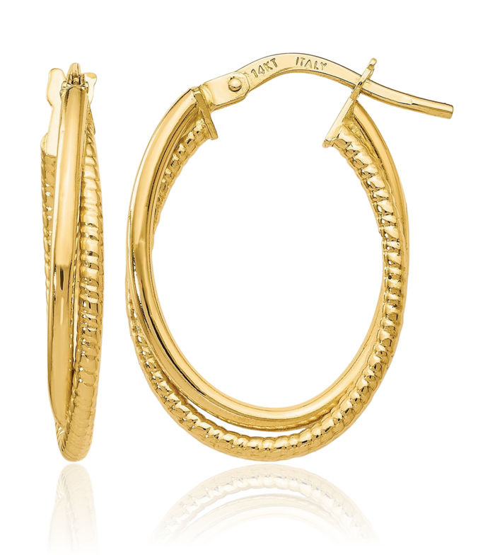14K Solid Yellow Gold Oval Medium Hoop Earrings