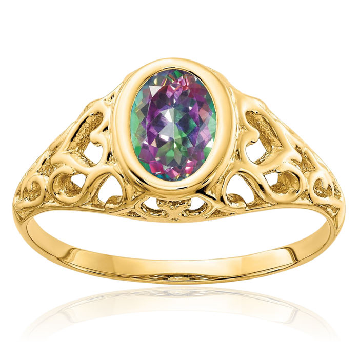 14K Solid Yellow Gold Oval Mystic Fire Topaz Ring Gemstone Band