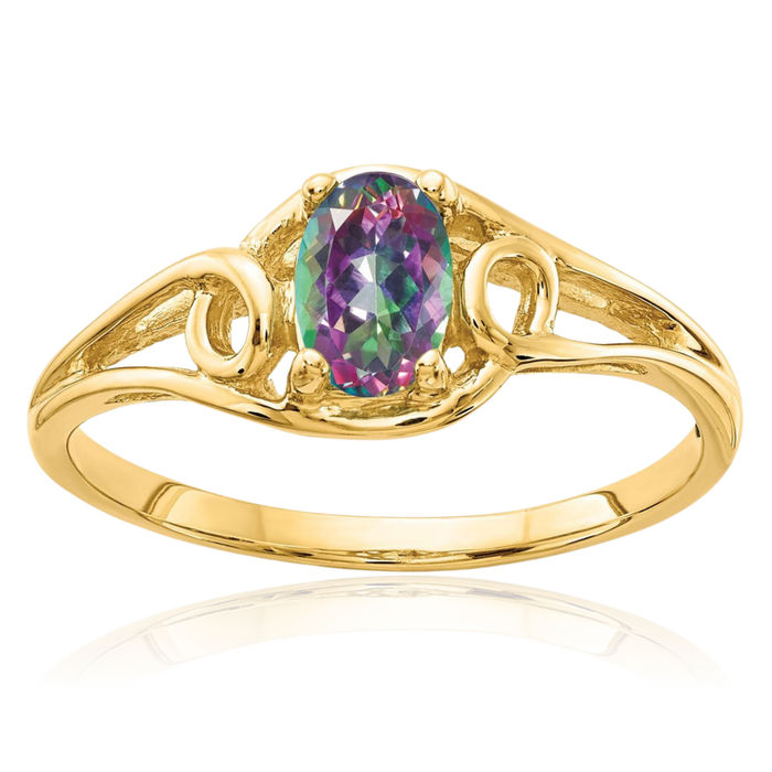 14K Solid Yellow Gold Oval Mystic Fire Topaz Ring Gemstone Band