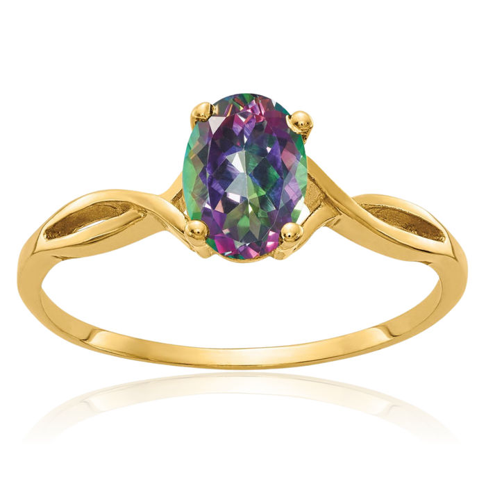 14K Solid Yellow Gold Oval Mystic Fire Topaz Solitaire Ring Gemstone Band