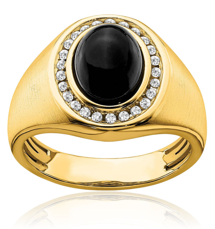 14K Solid Yellow Gold Oval Black Onyx Diamond Mens Ring