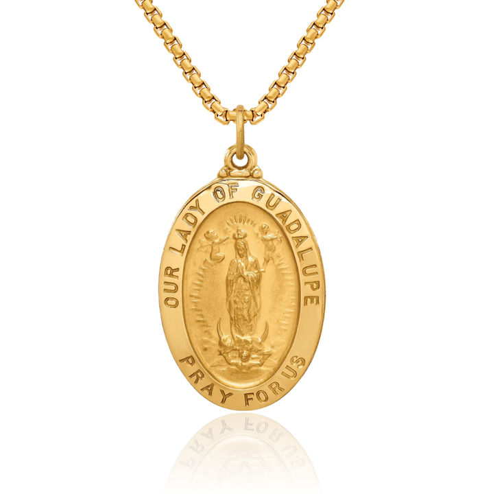 14K Solid Yellow Gold Oval Our Lady of Guadalupe Virgin Mary Medal Necklace Virgencita Maria Rosa Pendant Catholic Christian Holy Mother Medallion Charm