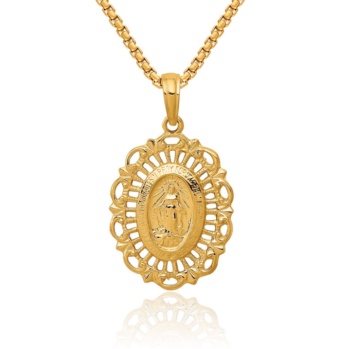 14K Solid Yellow Gold Oval Our Lady of Miraculous Medal Blessed Virgin Mary Necklace Chain Pendant Charm