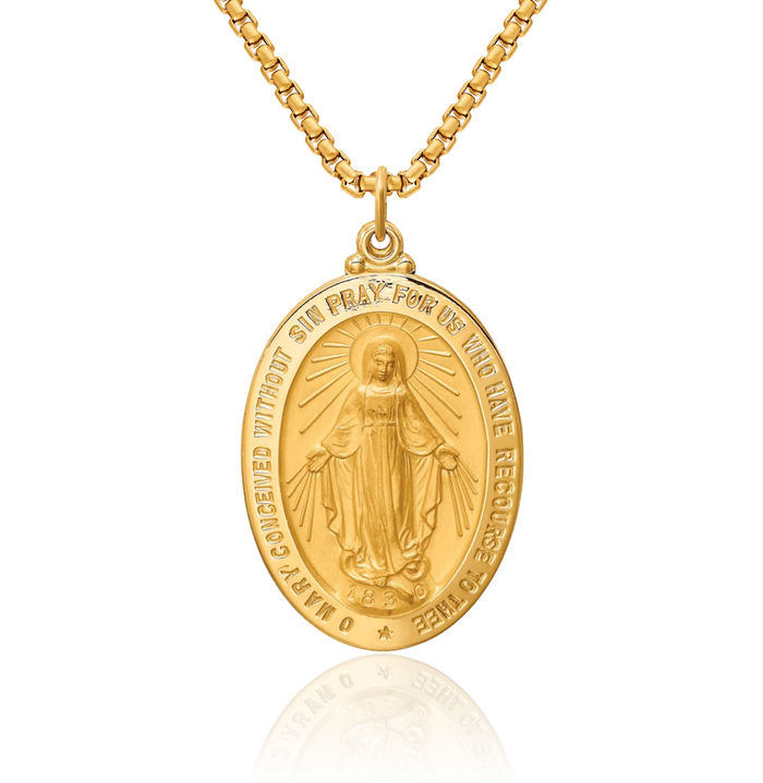 14K Solid Yellow Gold Oval Our Lady of Miraculous Medal Blessed Virgin Mary Necklace Chain Pendant Charm
