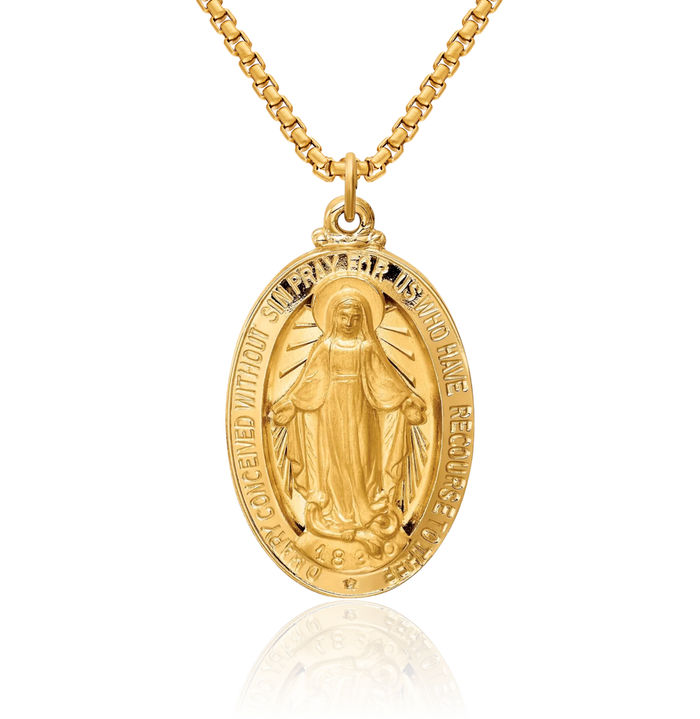 14K Solid Yellow Gold Oval Our Lady of Miraculous Medal Blessed Virgin Mary Necklace Chain Pendant Charm