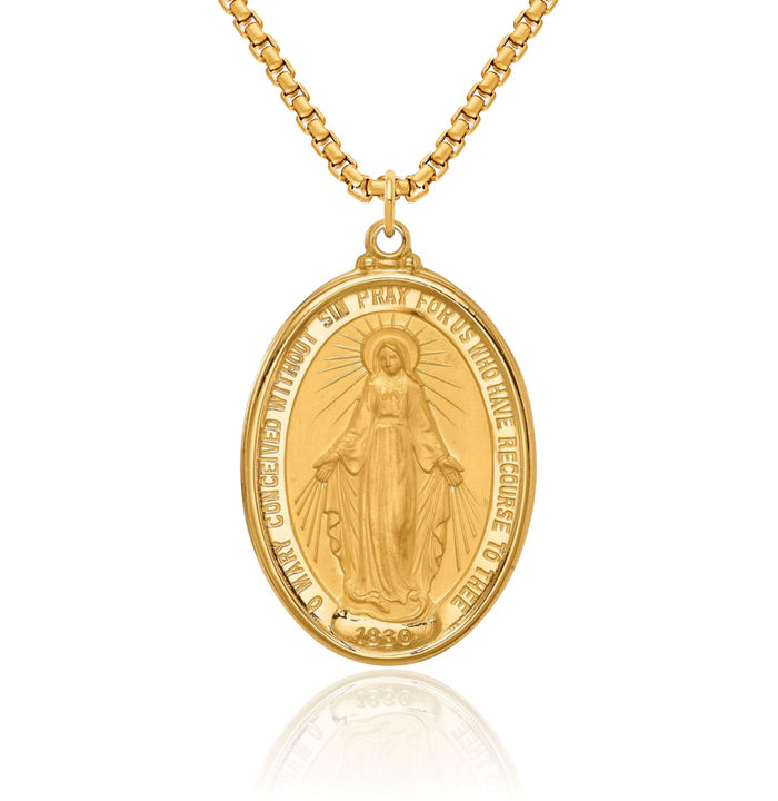 14K Solid Yellow Gold Oval Our Lady of Miraculous Medal Blessed Virgin Mary Necklace Chain Pendant Charm