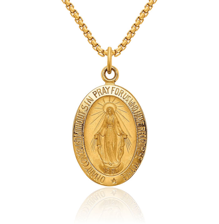 14K Solid Yellow Gold Oval Our Lady of Miraculous Medal Blessed Virgin Mary Necklace Chain Pendant Charm