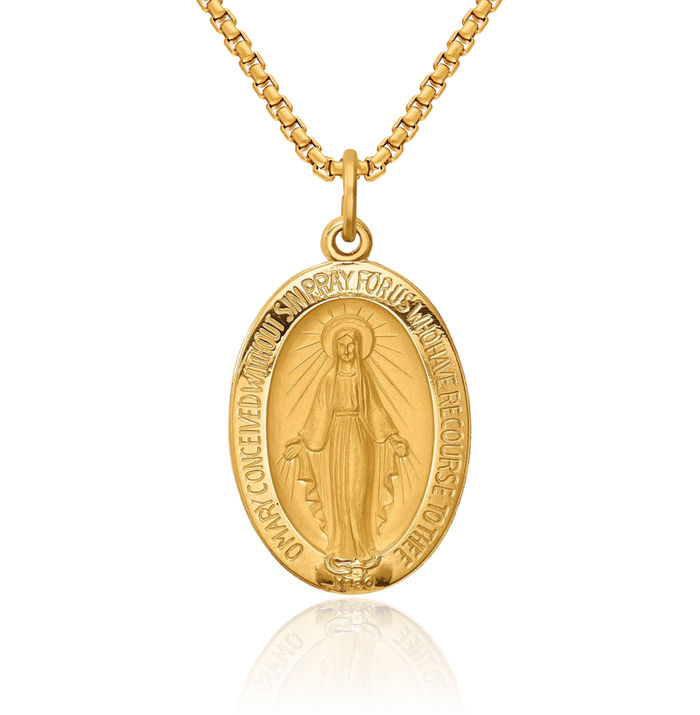 14K Solid Yellow Gold Oval Our Lady of Miraculous Medal Blessed Virgin Mary Necklace Chain Pendant Charm