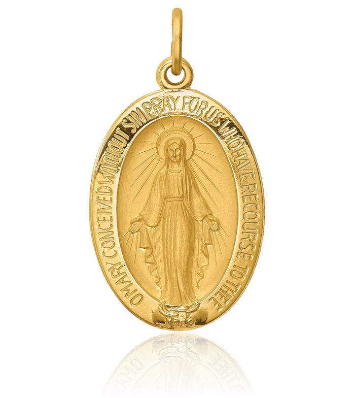 14K Solid Yellow Gold Oval Our Lady of Miraculous Medal Blessed Virgin Mary Necklace Chain Pendant Charm