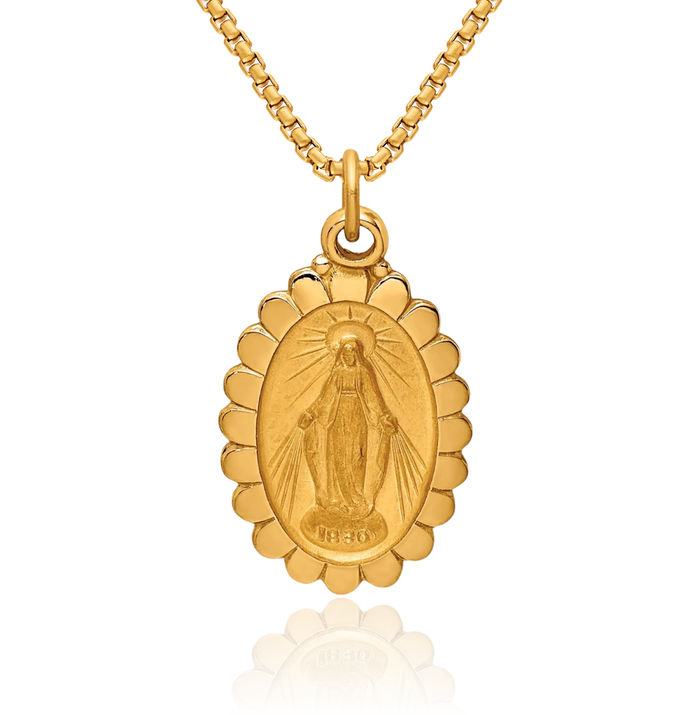 14K Solid Yellow Gold Oval Our Lady of Miraculous Medal Blessed Virgin Mary Necklace Chain Pendant Charm