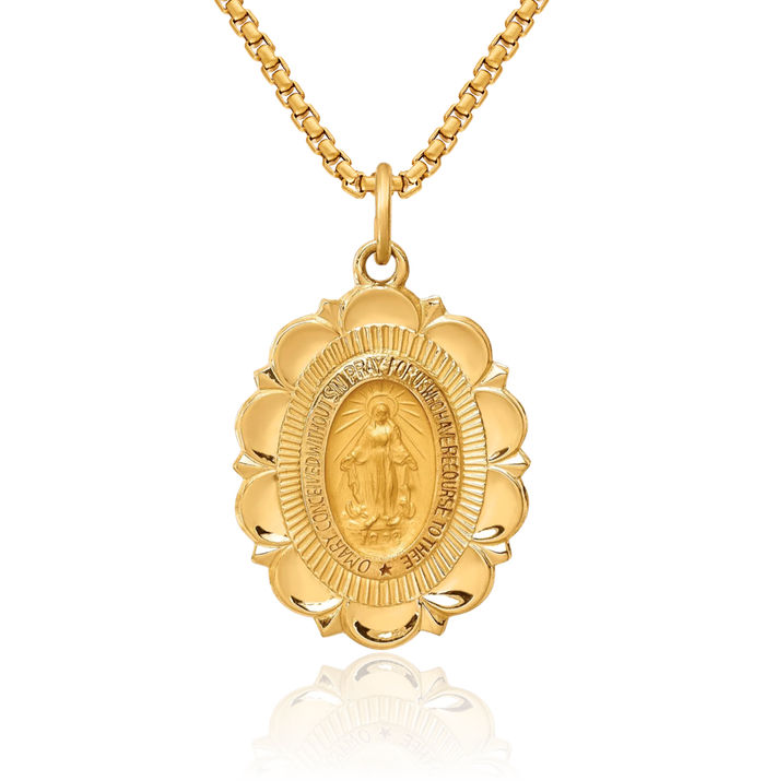 14K Solid Yellow Gold Oval Our Lady of Miraculous Medal Blessed Virgin Mary Necklace Chain Pendant Charm