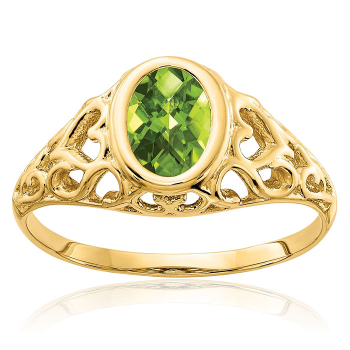 14K Solid Yellow Gold Oval Green Peridot Checker Ring Gemstone Band August Birthstone Jewelry