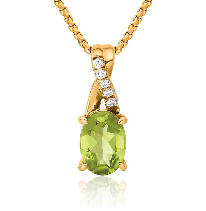 14K Solid Yellow Gold Oval Green Peridot Diamond Necklace Gemstone Pendant Charm April August Birthstone Jewelry