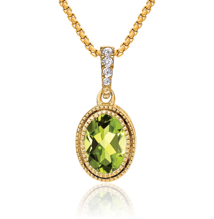 14K Solid Yellow Gold Oval Green Peridot Diamond Necklace Charm Gemstone Pendant