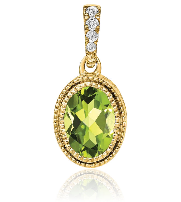 14K Solid Yellow Gold Oval Green Peridot Diamond Necklace Charm Gemstone Pendant