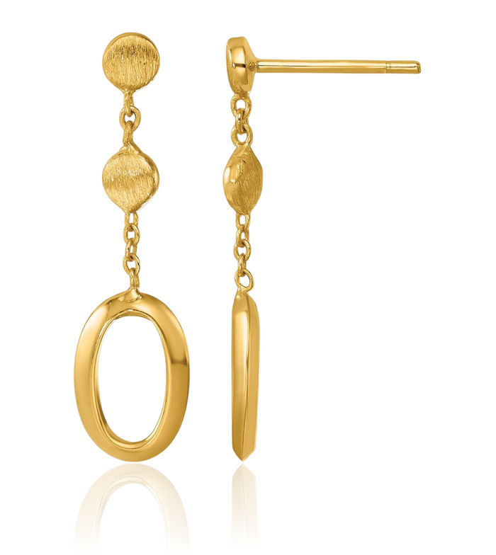 14K Solid Yellow Gold Oval Post Drop Dangle Earrings