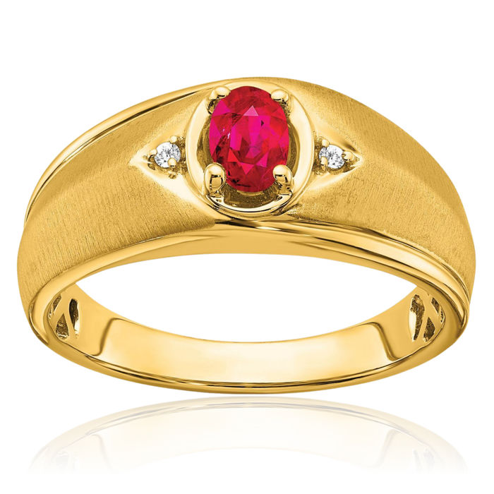 14K Solid Yellow Gold Oval Red Ruby Diamond Mens Ring