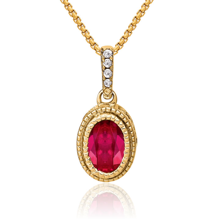 14K Solid Yellow Gold Oval Red Ruby Diamond Necklace Charm Gemstone Pendant