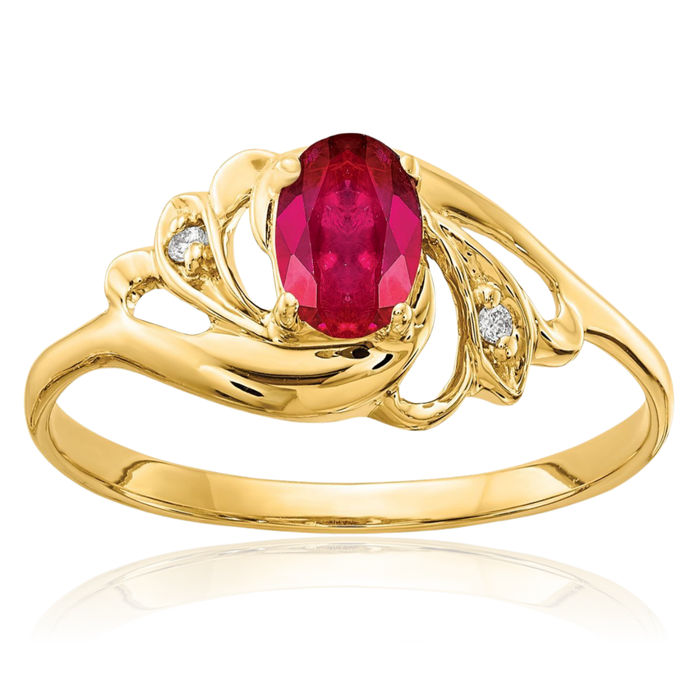 14K Solid Yellow Gold Oval Red Ruby Diamond Ring Gemstone Band July Birthstone Jewelry