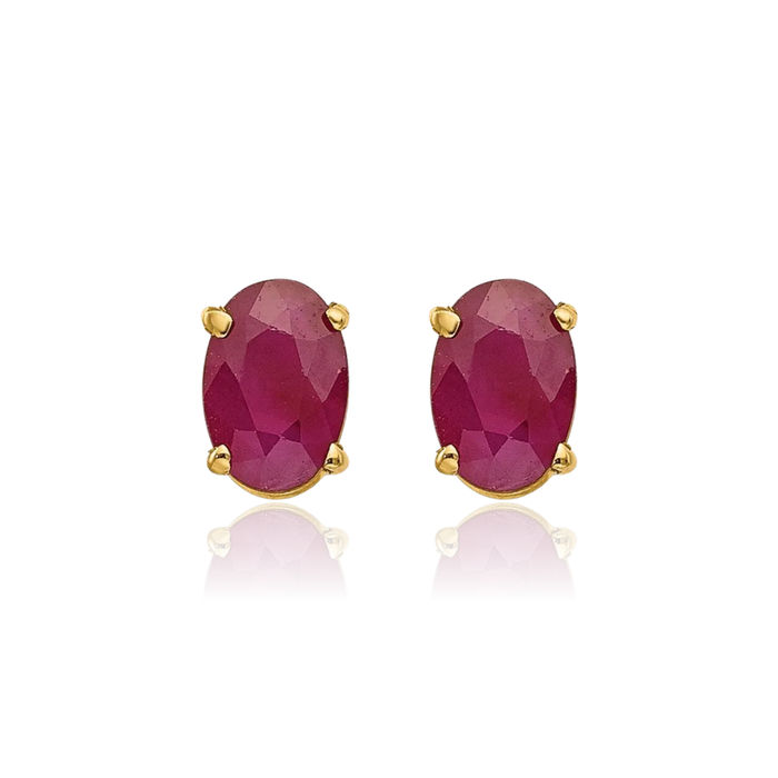 14K Solid Yellow Gold Oval Red Ruby Stud Earrings July Birthstone Jewelry