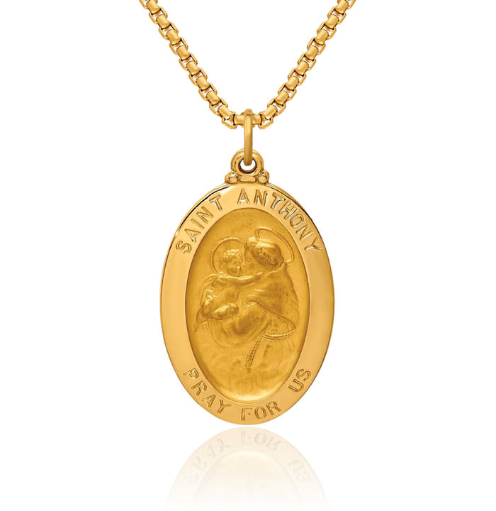 14K Solid Yellow Gold Oval Saint Anthony Medal Necklace Chain Pendant Charm