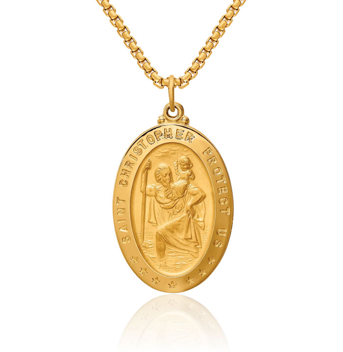 14K Solid Yellow Gold Oval Saint Christopher Medal Patron of Travelers Athletes Protection Necklace Christian Religious Chain Pendant Faith Charm