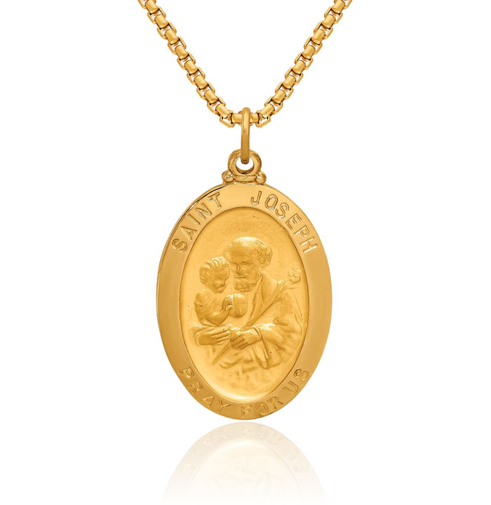 14K Solid Yellow Gold Oval Saint Joseph Medal Necklace Chain Pendant Charm