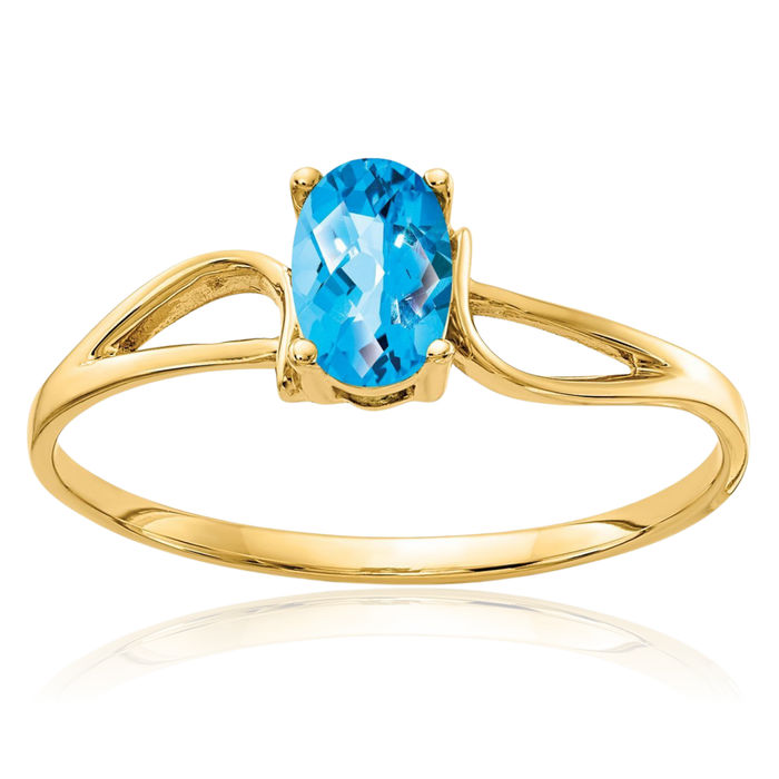 14K Solid Yellow Gold Oval Swiss Blue Topaz Checker Solitaire Ring Gemstone Band December Birthstone Jewelry