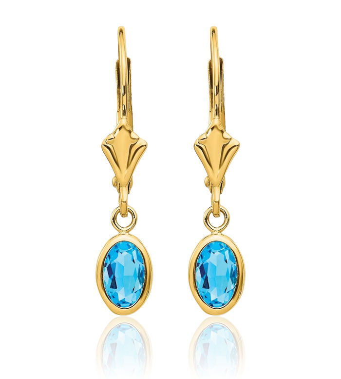 14K Solid Yellow Gold Oval Swiss Blue Topaz Drop Dangle Earrings December Birthstone Jewelry