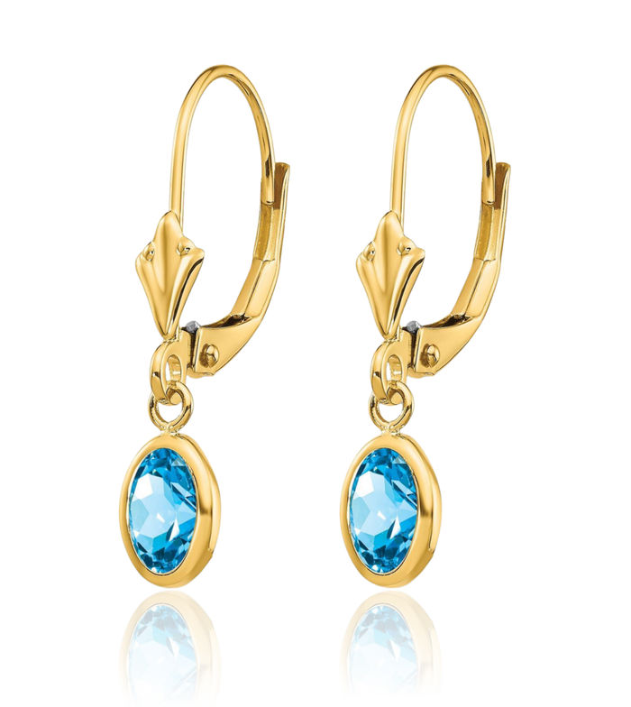 14K Solid Yellow Gold Oval Swiss Blue Topaz Drop Dangle Earrings December Birthstone Jewelry