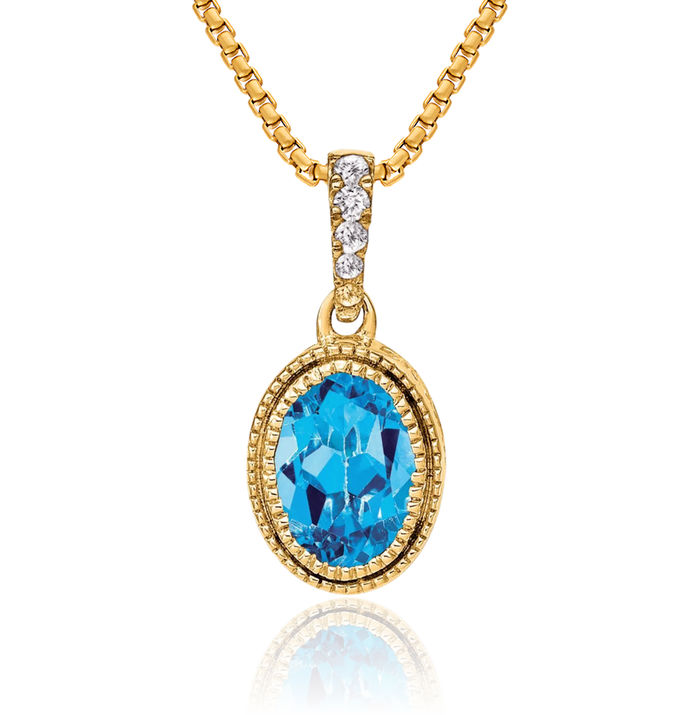 14K Solid Yellow Gold Oval Swiss Blue Topaz Diamond Necklace Charm Gemstone Pendant